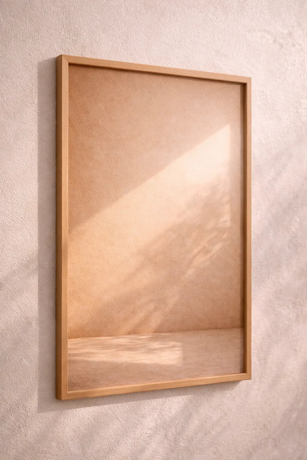 Minimalist wooden frame with warm sunlight and shadow reflection, showcasing Lumière Solaire’s elegant art print style.