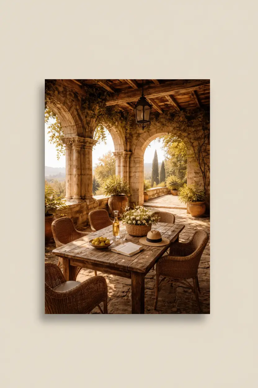 Terrasse de Provence — Affiche Murale Minimaliste Doré Architecture Méditerranéenne — affiche murale minimaliste | Cassili-home