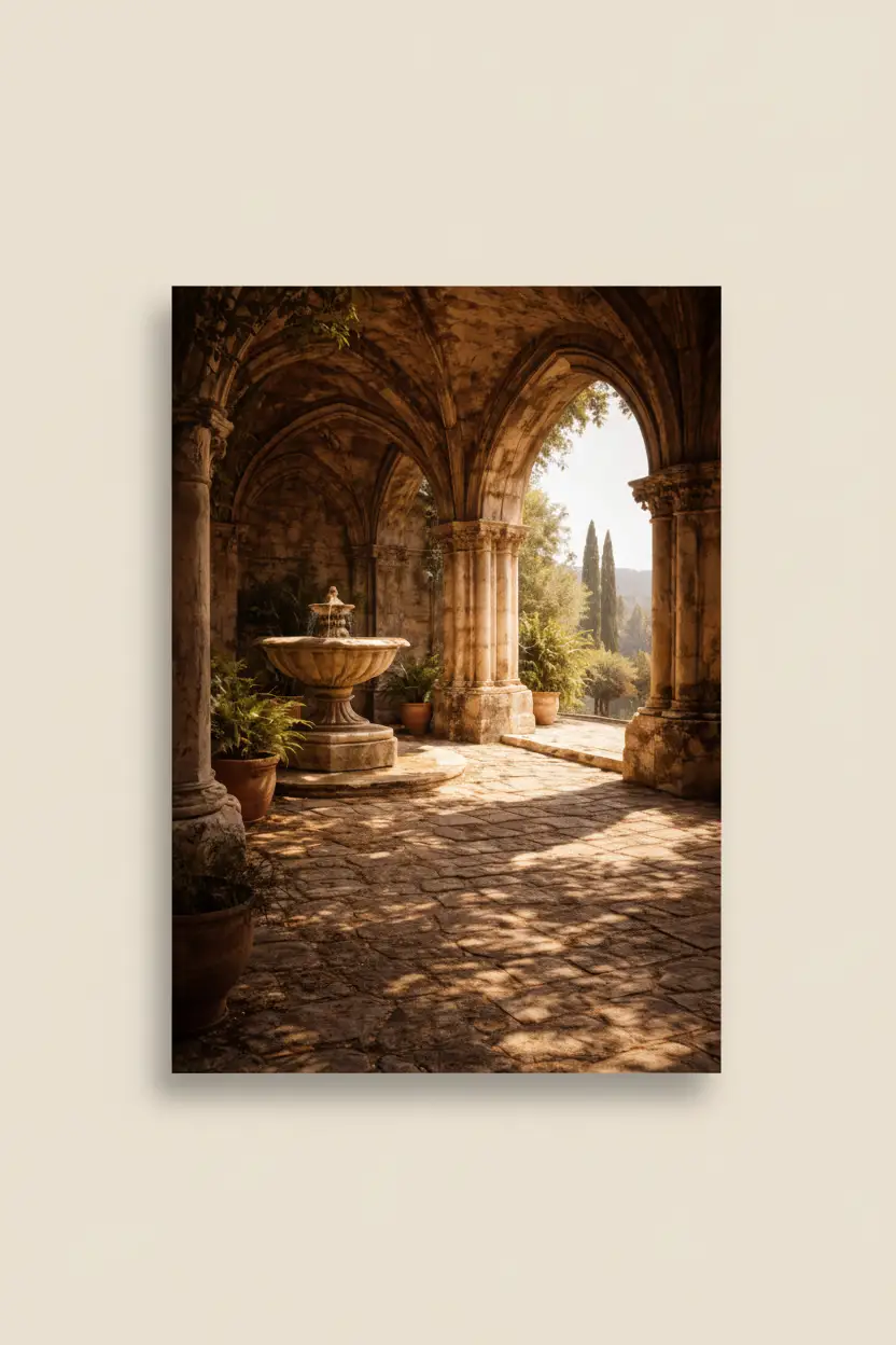 Le Cloître à la Fontaine — Affiche murale minimaliste doré et pierre architecture méditerranéenne — affiche murale minimaliste | Cassili-home