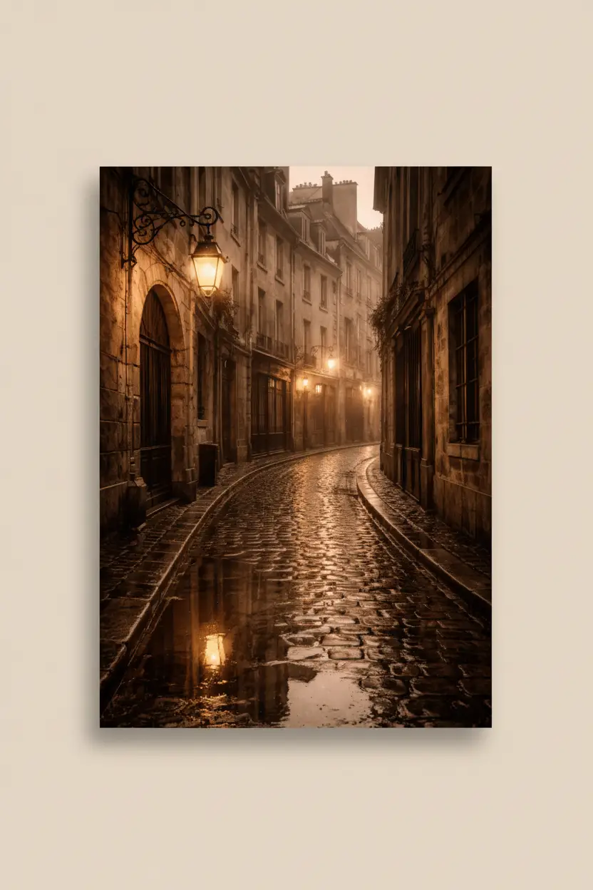 La Ruelle Sous La Pluie — Affiche Murale Minimaliste Or Pierre Lumière — affiche murale minimaliste | Cassili-home