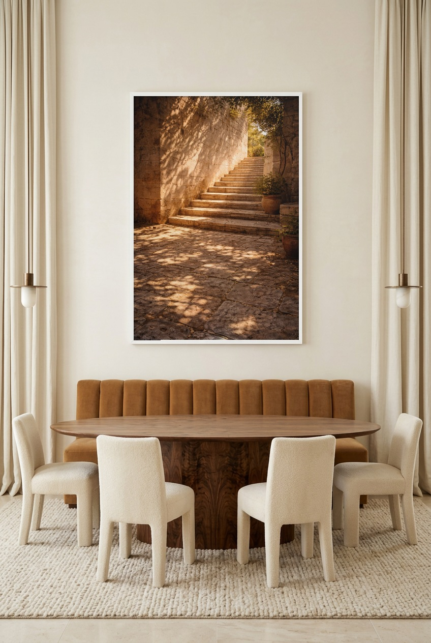 L’Escalier du Jardin — poster in a white frame in a dining room
