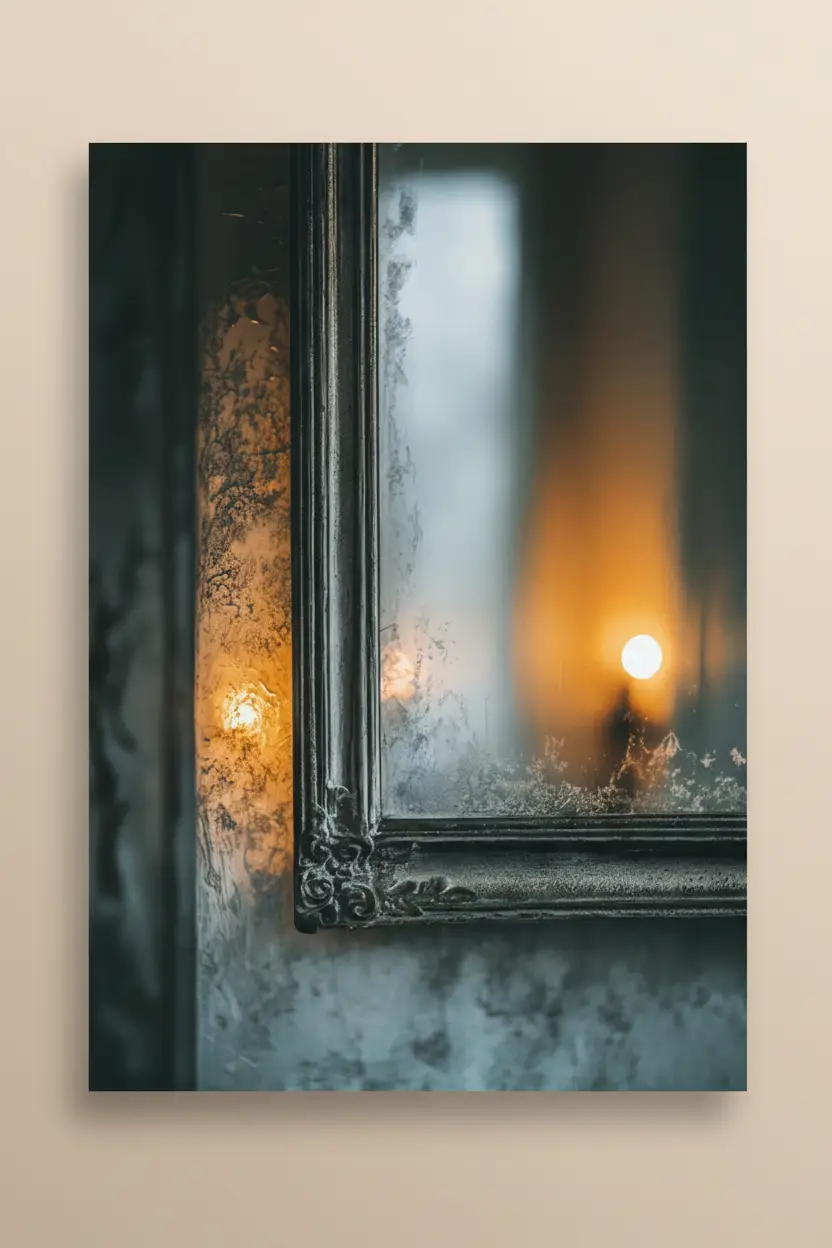 La Bougie du Miroir — Affiche murale minimaliste Bleu-Gris lumière chaude et reflet — affiche murale minimaliste | Cassili-home