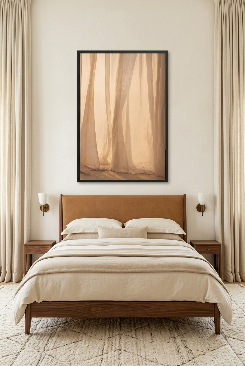 Voile de Lumière — poster in zwarte lijst in een slaapkamer