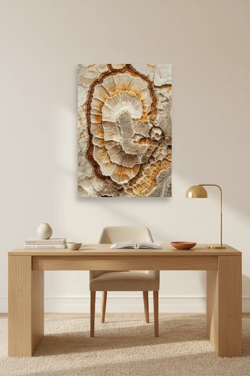 Ammoniet — Minimalistische wandposter ivoor en goud met fossiele textuur  