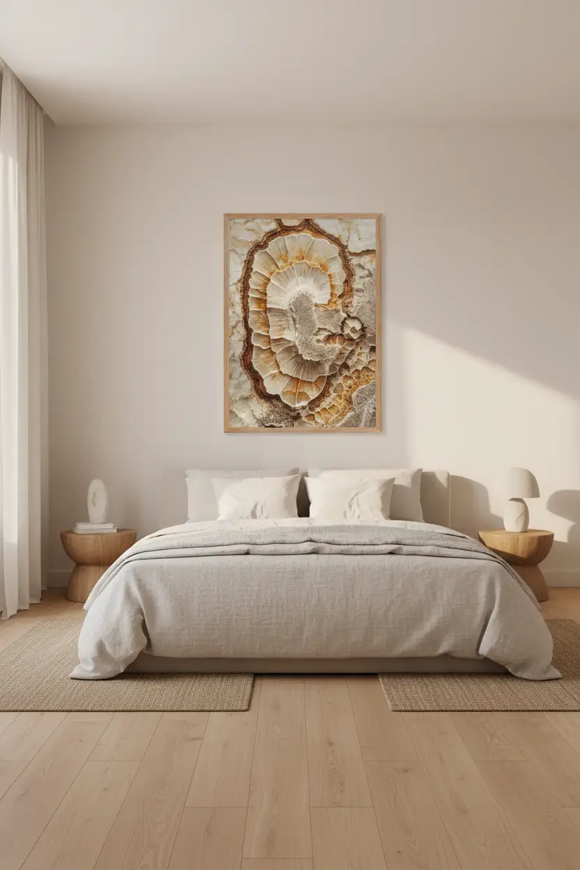 Ammoniet — Minimalistische wandposter ivoor en goud met fossiele textuur  