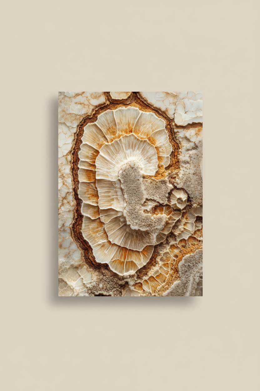 Ammoniet — Minimalistische wandposter ivoor en goud met fossiele textuur  