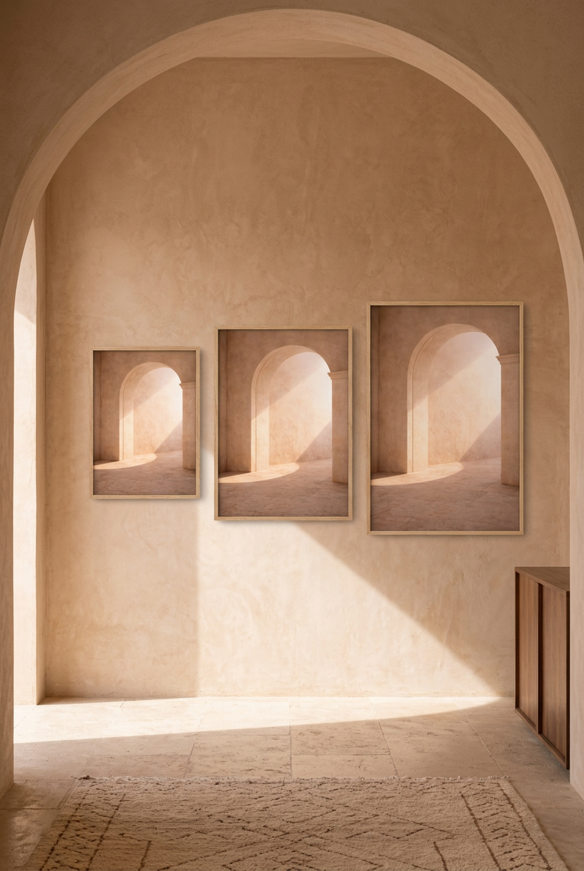 Arch of Light — three sizes of the poster in oak frames