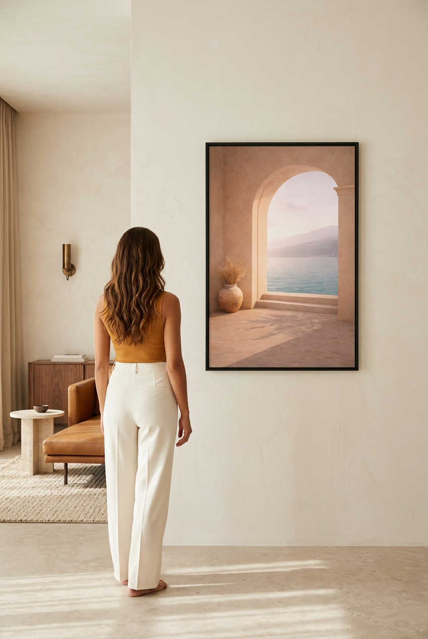 Mediterranean Arch — woman in front of the poster in a black frame