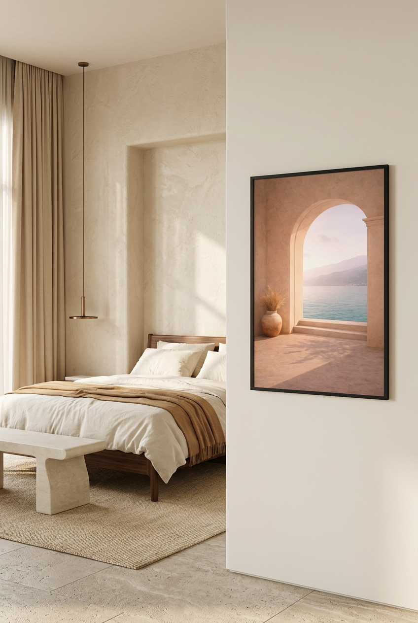 Mediterranean Arch — poster in a black frame in a bedroom
