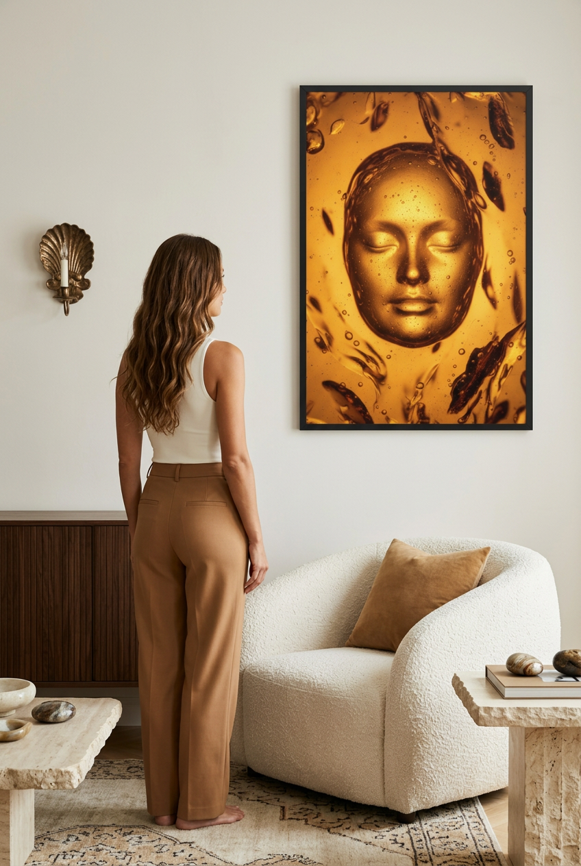 Gold Bath — woman in front of the poster in a black frame
