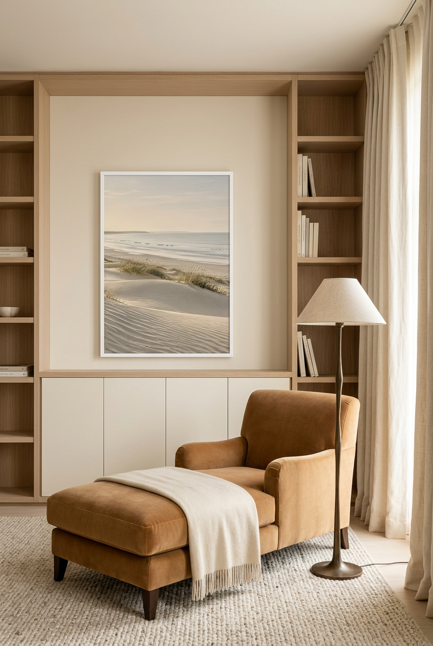 La Dune Blanche — affiche en cadre blanc dans une bibliothèque