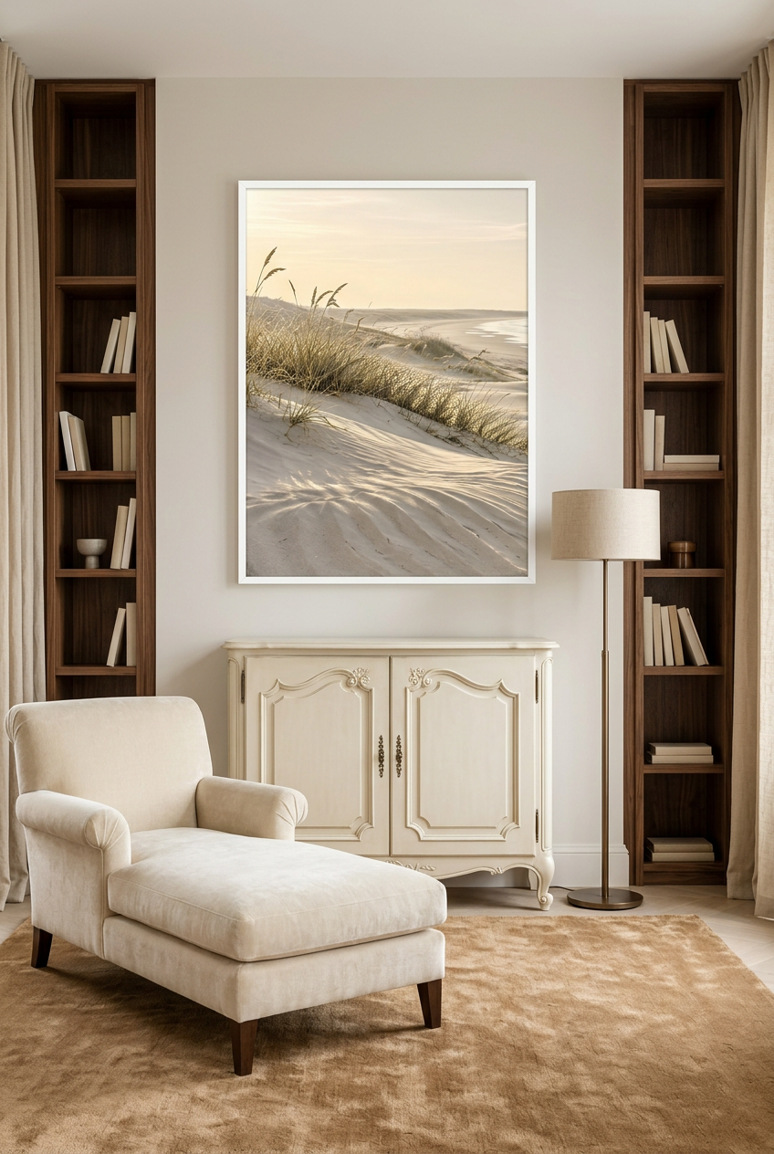 Les Oyats du Rivage — affiche en cadre blanc dans une bibliothèque
