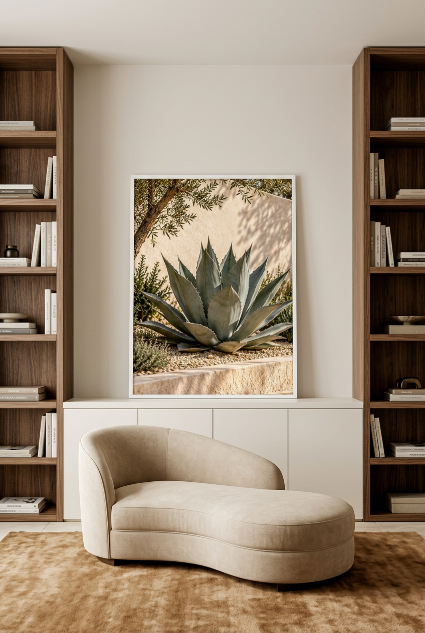L'Agave Bleu — affiche en cadre blanc dans une bibliothèque