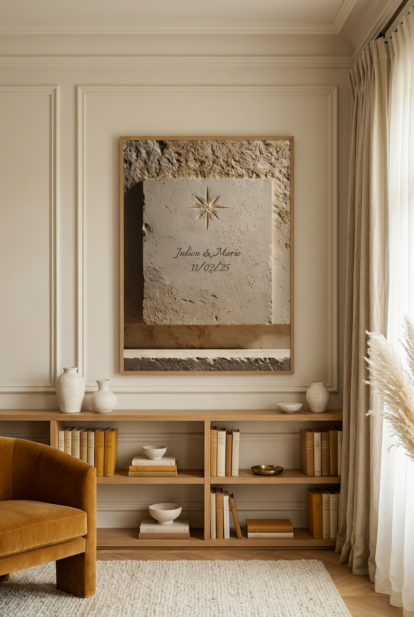 The Engraved Star — personalised wall poster: star engraved in stone with names and a date, in a library