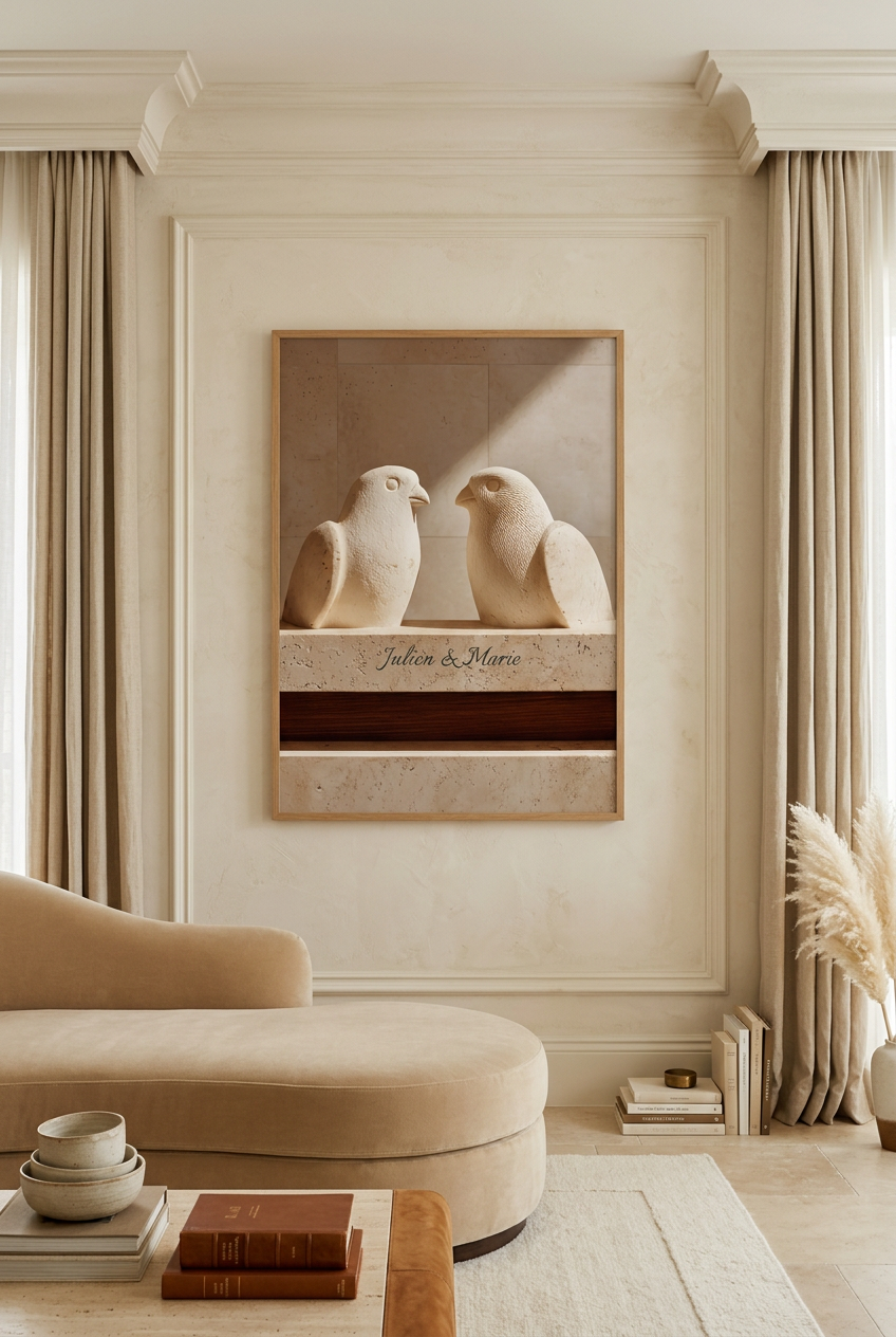 Les Tourterelles — affiche personnalisable : deux tourterelles sculptées sur un socle de pierre avec prénoms, dans un salon avec méridienne