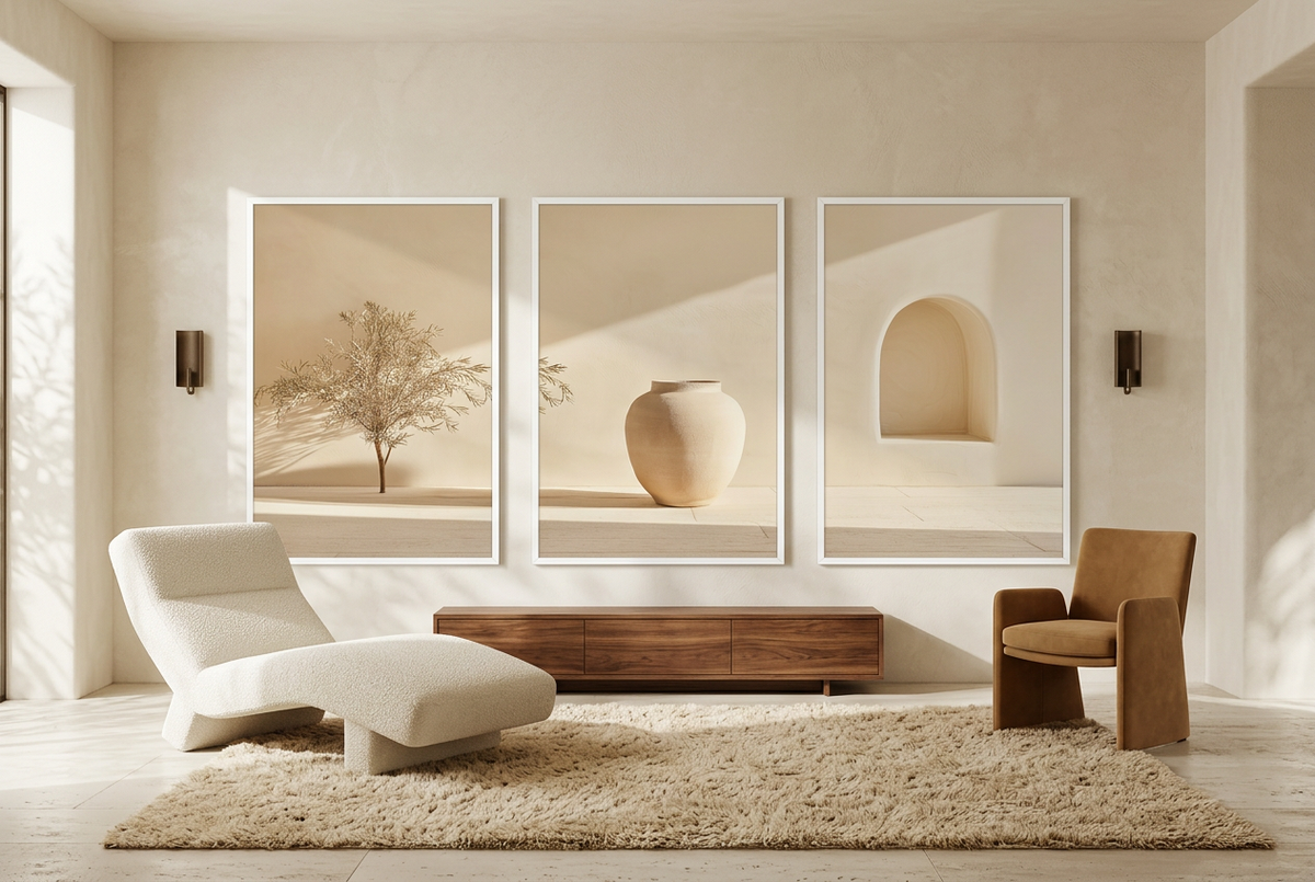 The Silent Courtyard — wall triptych in white frames in a reading nook