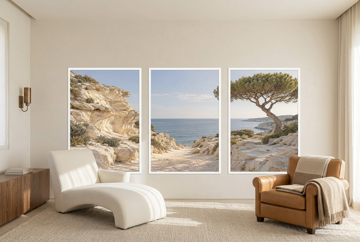 The Calanque — wall triptych, white frames, in a reading nook