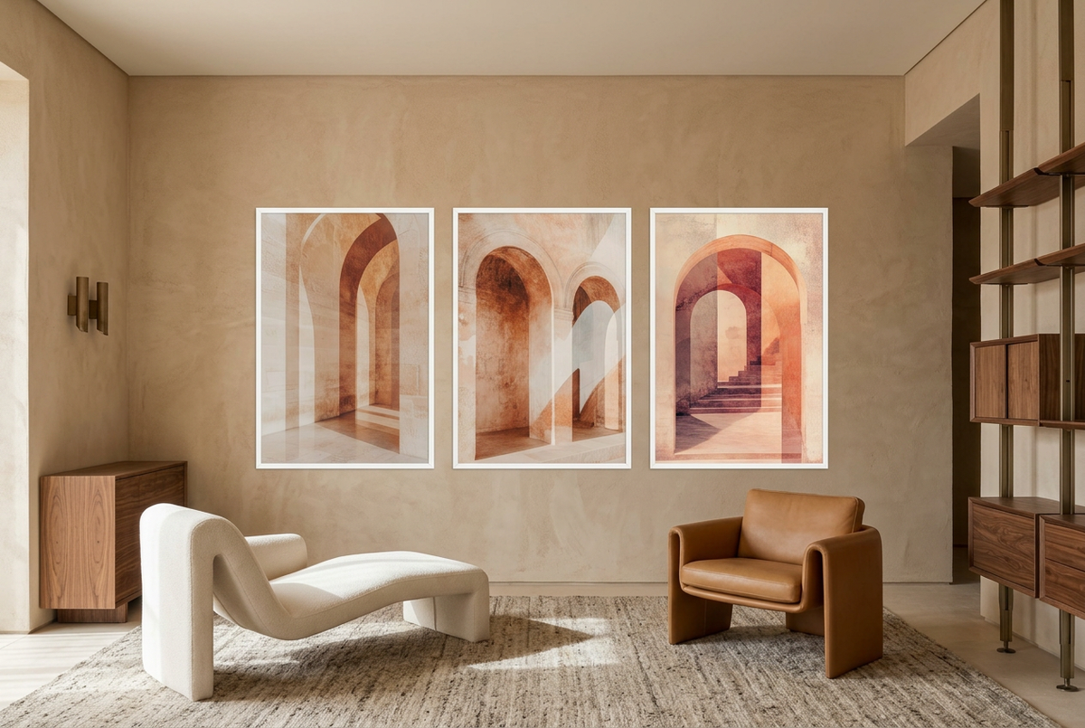 The Passage of the Arches — wall triptych in white frames in a reading nook