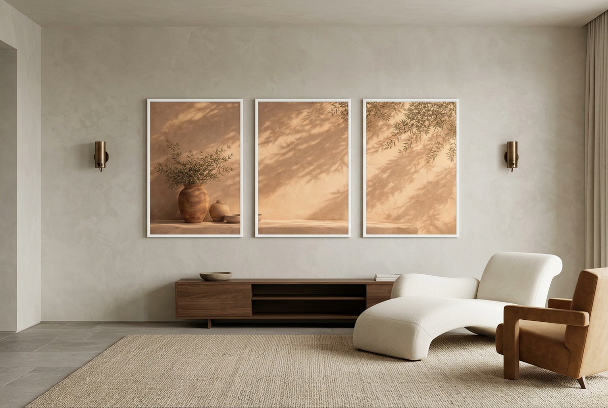 The Olive Hour — wall triptych in white frames in a reading nook