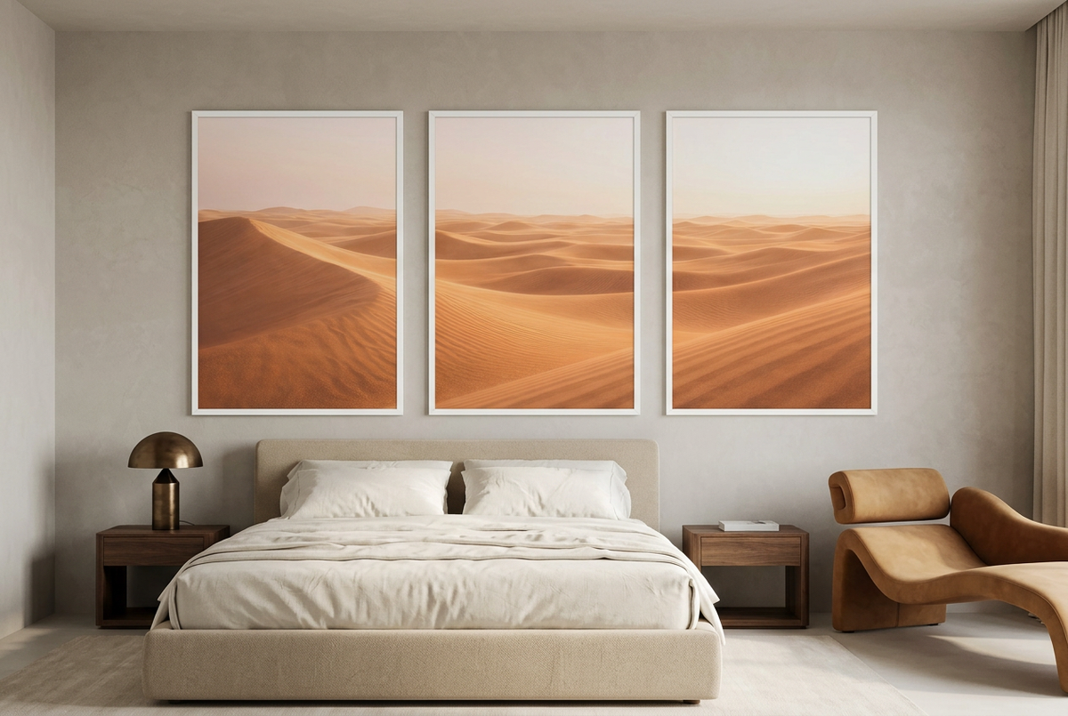 The Great Desert — wall triptych in white frames above a bed