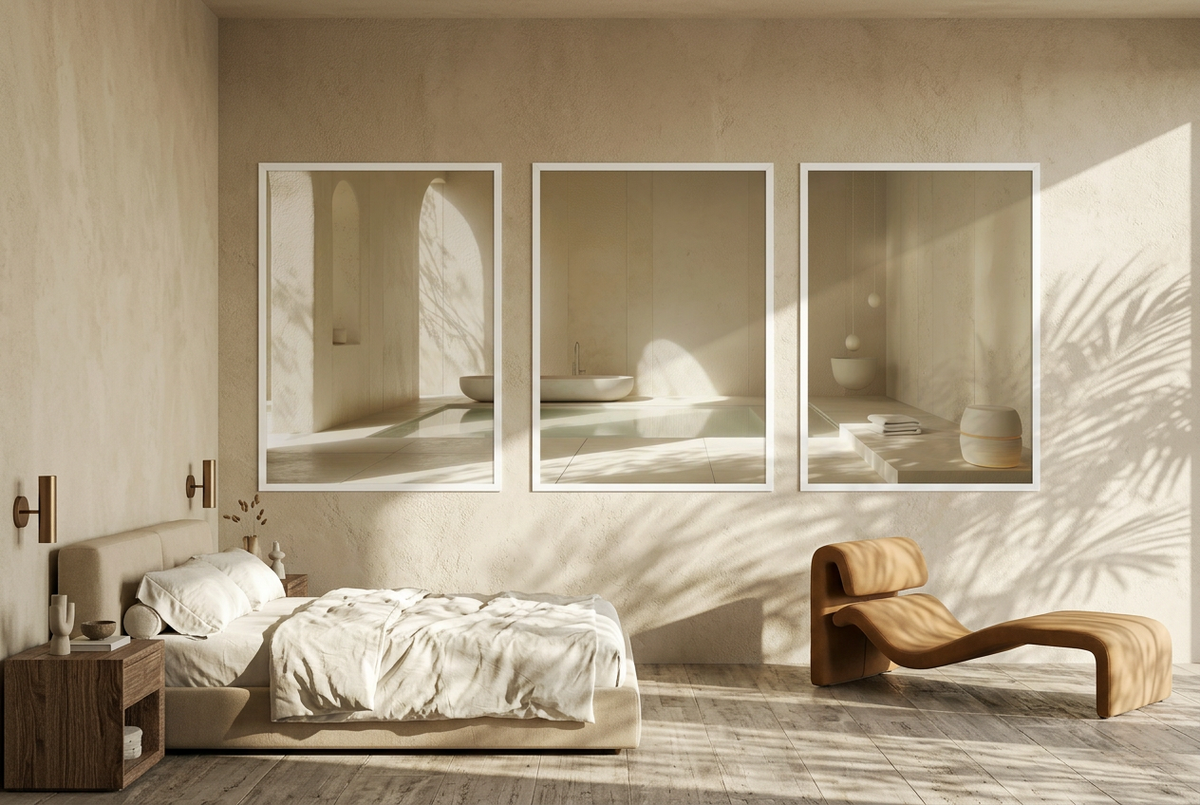 The Stone Baths — wall triptych in white frames above a bed