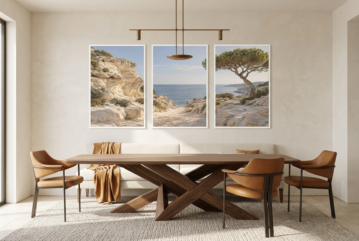 The Calanque — wall triptych, white frames, in a dining room