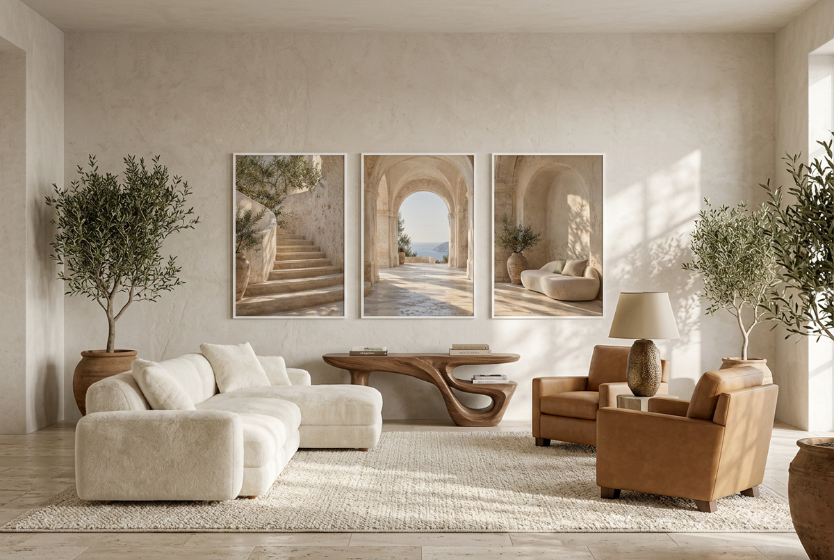 The Loggia — wall triptych, white frames, in a living room