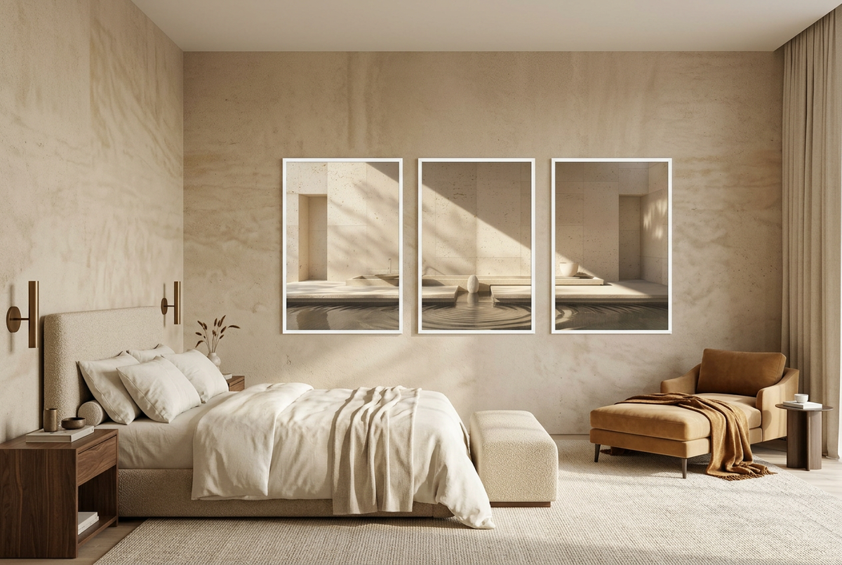The Basin of Light — wall triptych in white frames above a bed