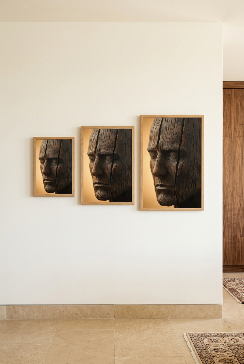 Sleeping Wood — three sizes of the poster in oak frames