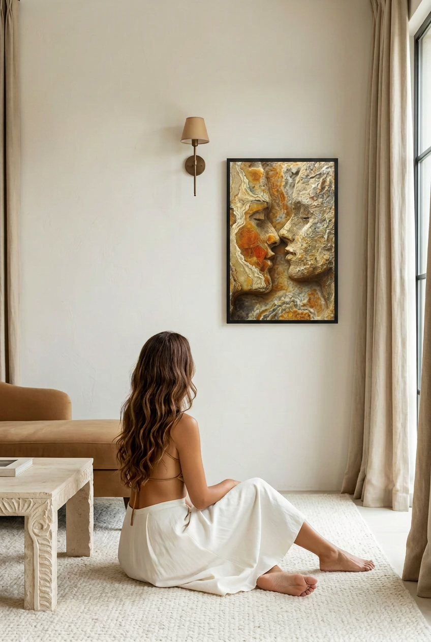 Ember — woman seated in front of the poster in a black frame