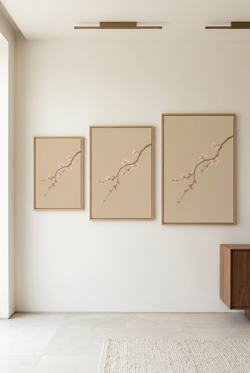 Cherry Blossom Branch — three sizes of the poster in oak frames
