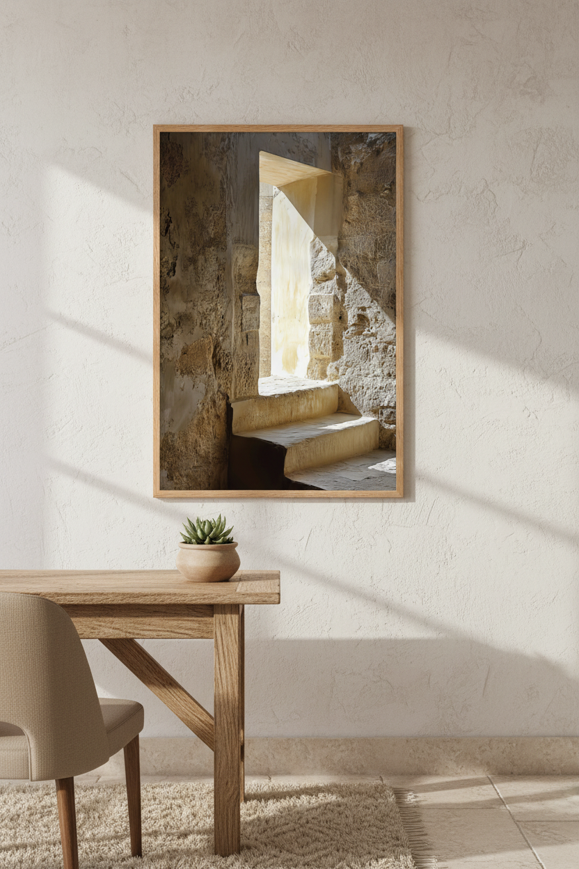 The Arrow Slit poster in a minimalist office — limestone embrasure and radiant light