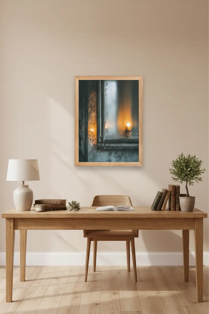 La Bougie du Miroir — Affiche murale minimaliste Bleu-Gris lumière chaude et reflet — affiche murale minimaliste | Cassili-home