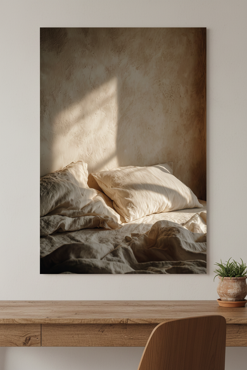 The Awakening Hour poster in a minimalist office — unmade ivory linen bed and window shadow