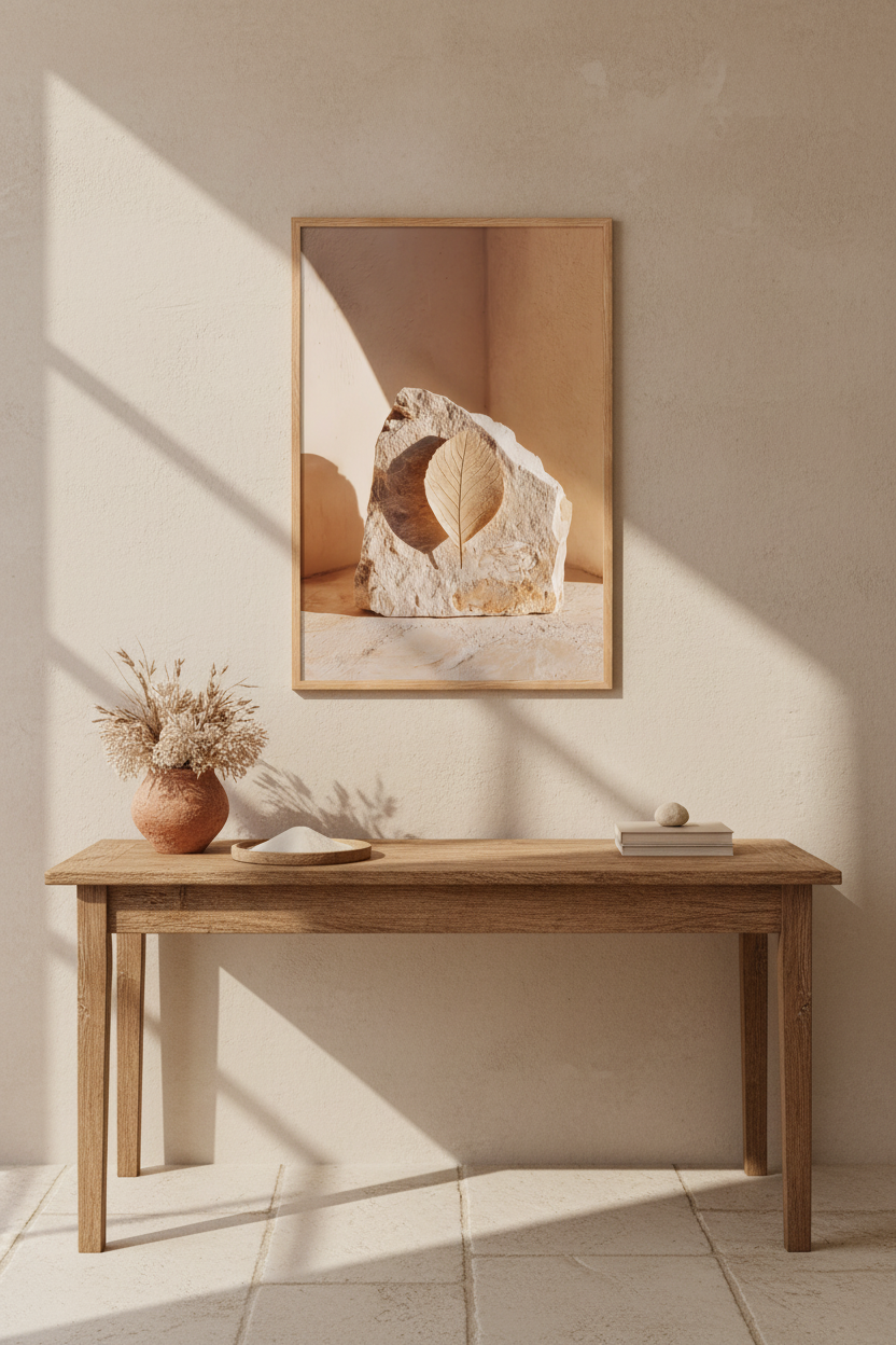 The Stone and the Leaf poster in a minimalist office — limestone sculpture and ivory dried leaf