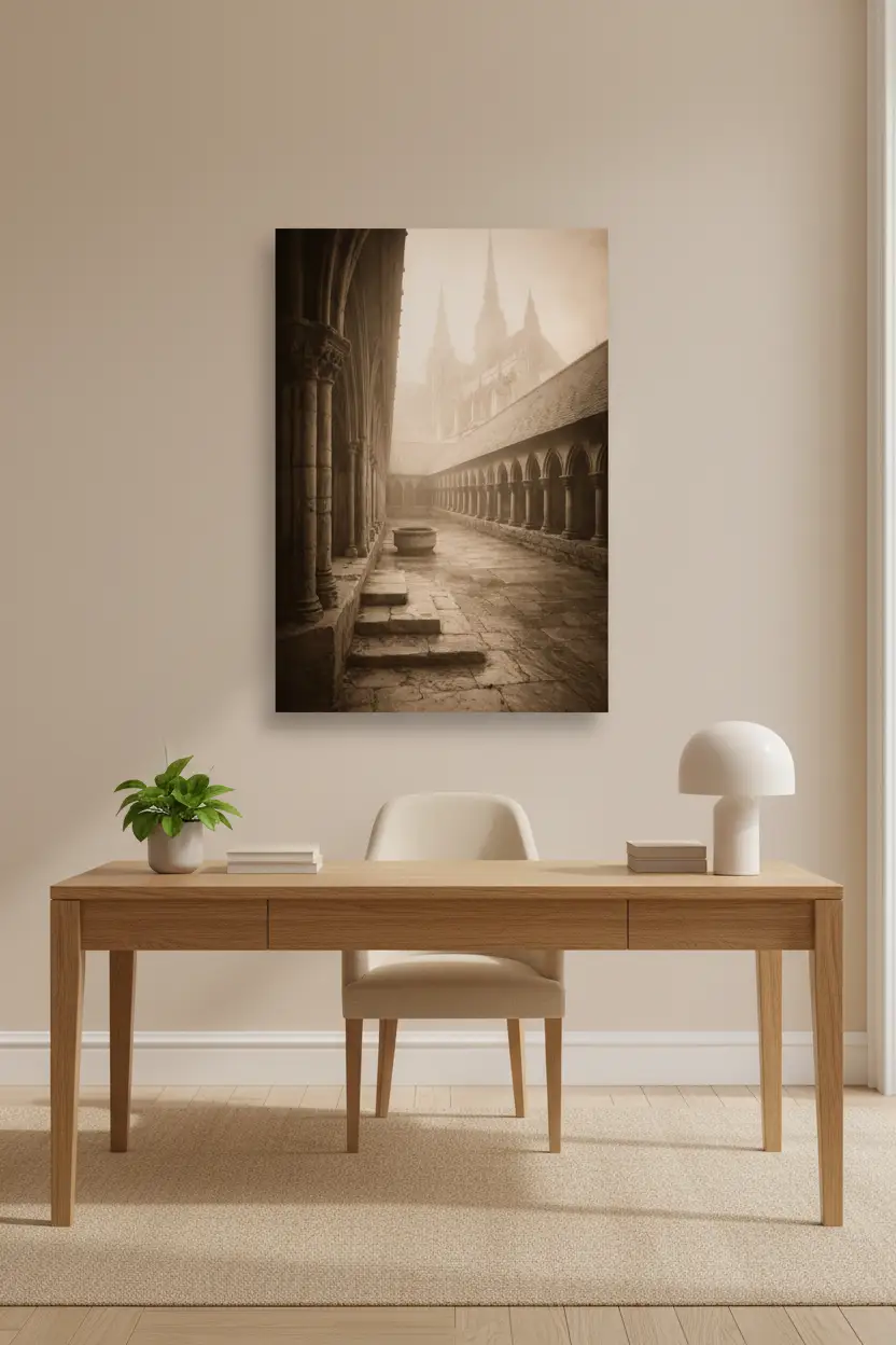 Cloître dans la Brume — Affiche murale minimaliste sépia architecture — affiche murale minimaliste | Cassili-home