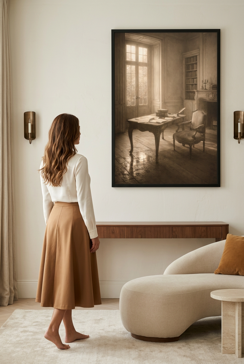 Philosopher's Study — woman in front of the poster in a black frame