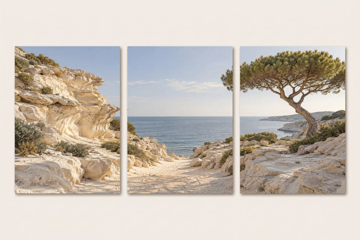 The Calanque — 3-panel wall triptych: limestone cliff, path to the sea, leaning pine