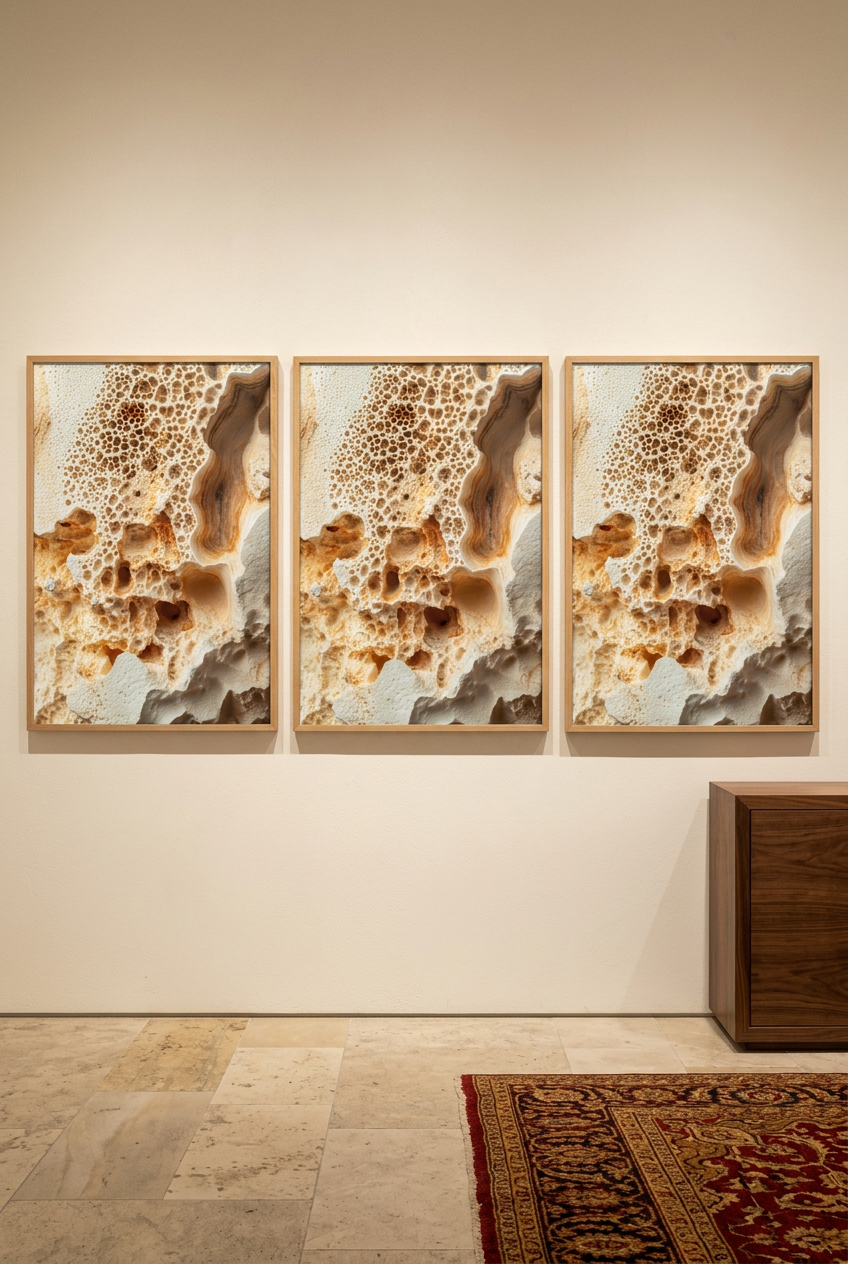Alveolar Limestone — three posters in oak frames on a light wall