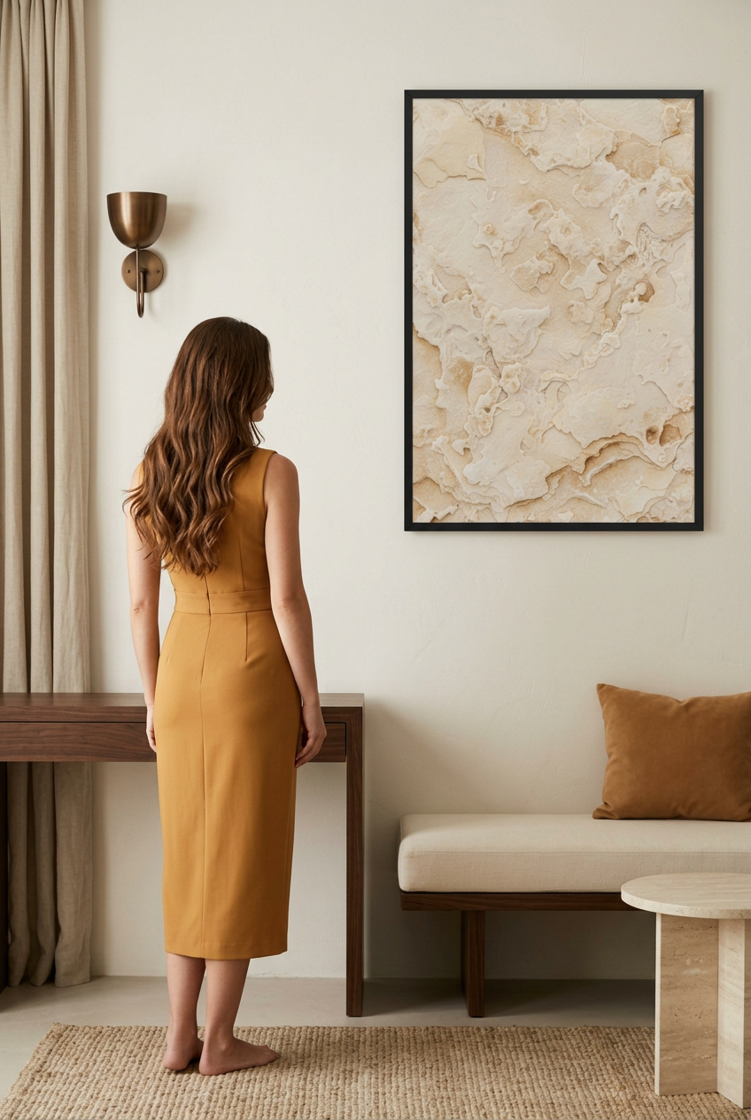 Golden Limestone — woman in front of the poster in a black frame