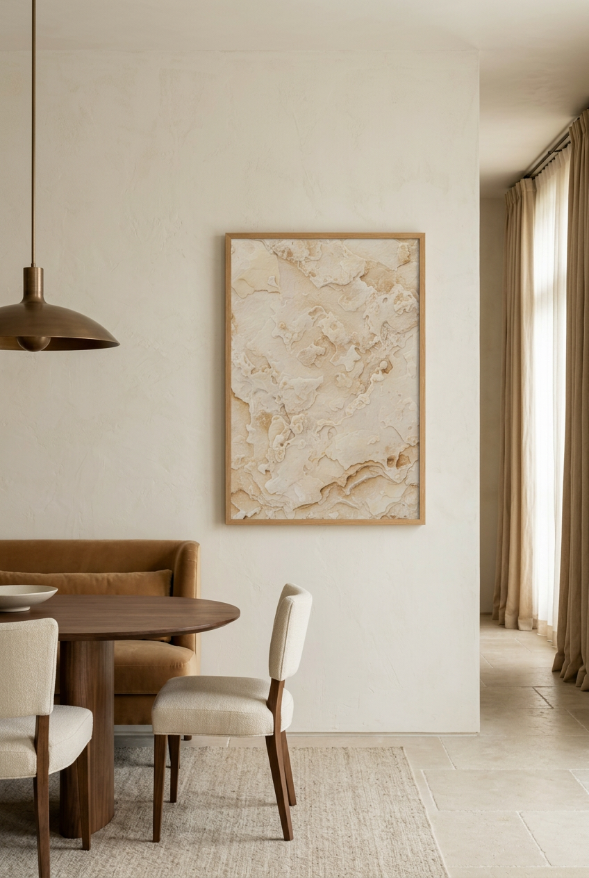 Golden Limestone — poster in an oak frame in a dining room
