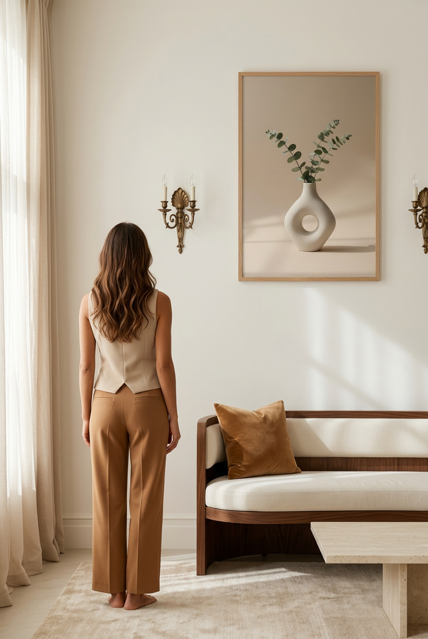 Circle & Eucalyptus — woman in front of the poster in an oak frame