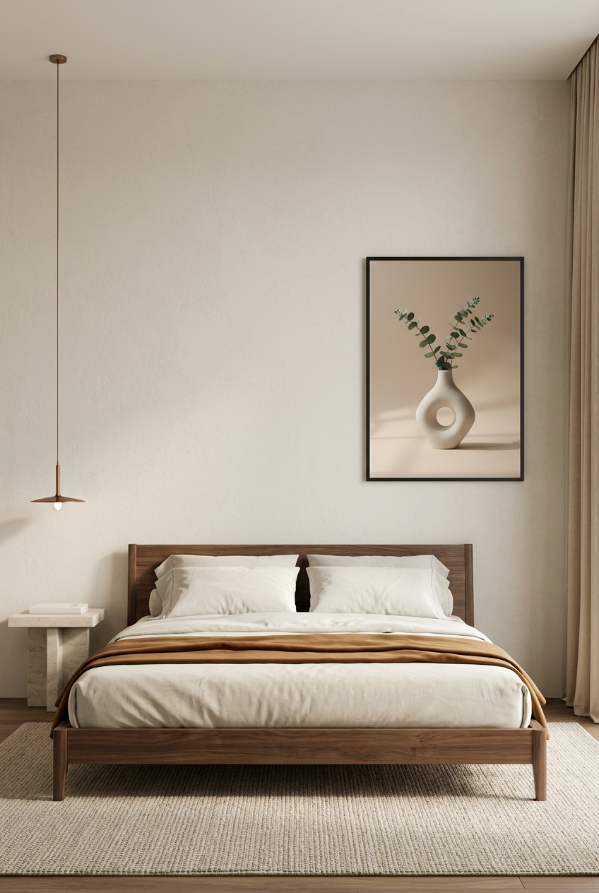 Circle & Eucalyptus — poster in a black frame above a bed