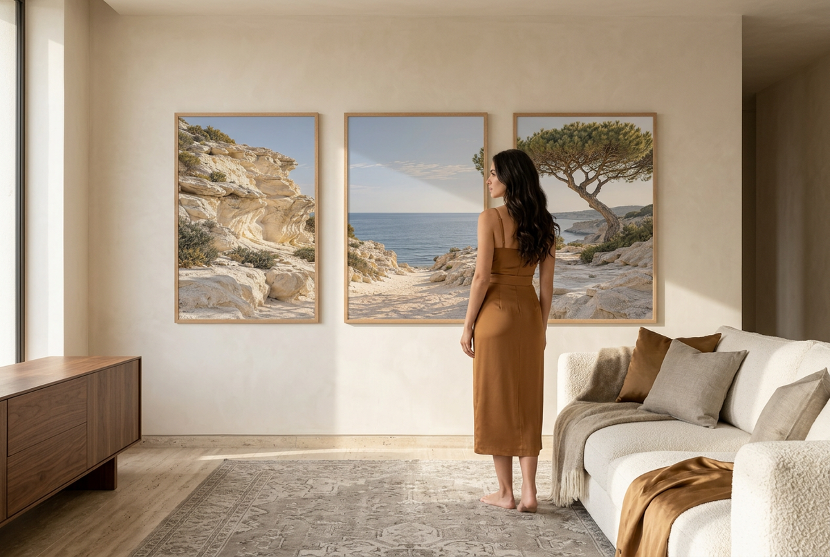 The Calanque — wall triptych, solid oak frames, large format, styled on the wall