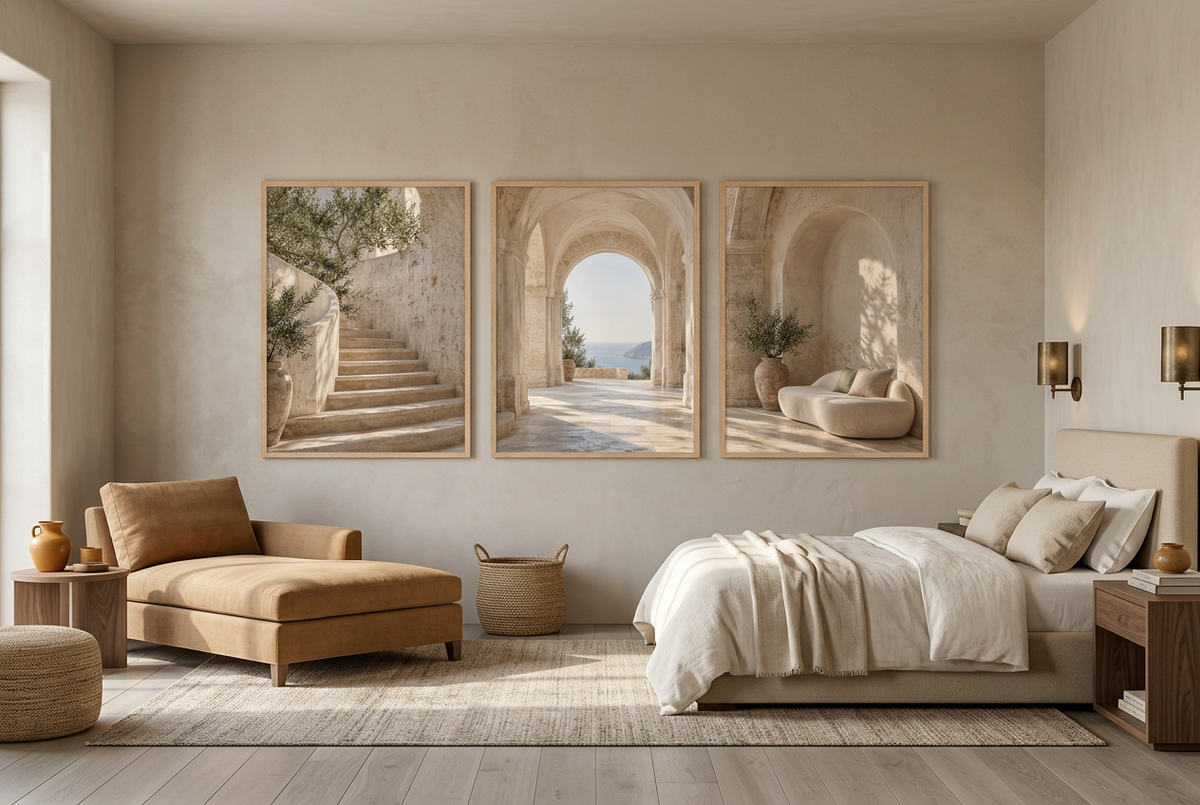 The Loggia — wall triptych, solid oak frames, in a bedroom