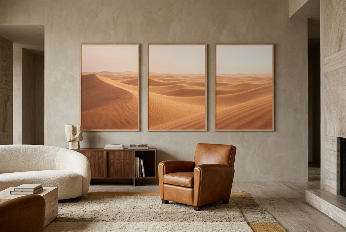 The Great Desert — wall triptych in oak frames in a living room