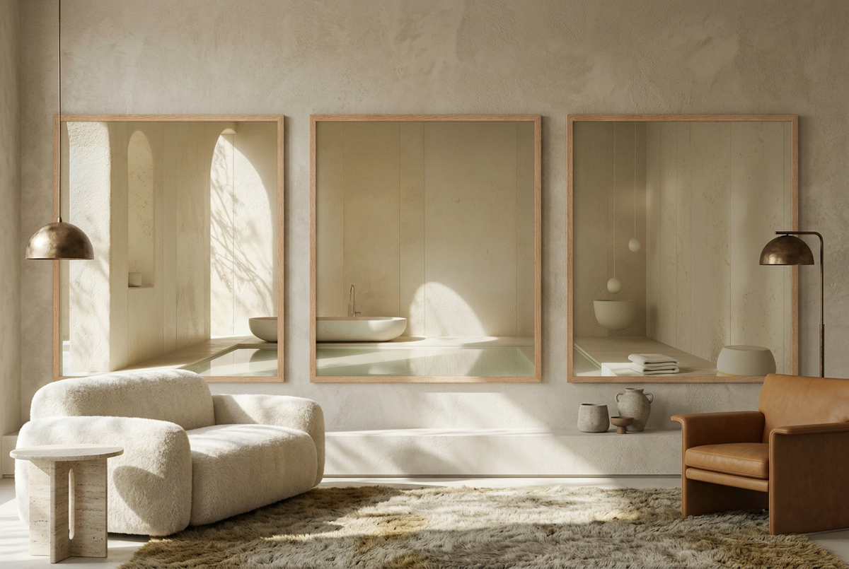 The Stone Baths — wall triptych in oak frames in a living room