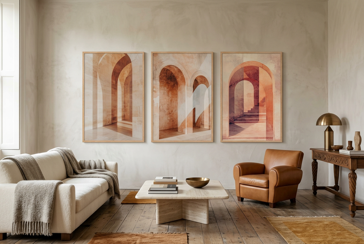 The Passage of the Arches — wall triptych in oak frames in a living room