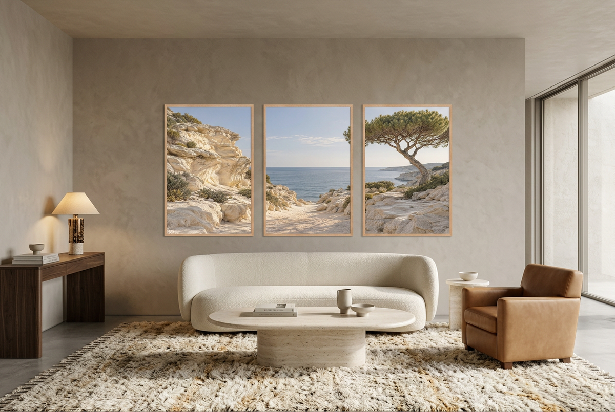 The Calanque — wall triptych, solid oak frames, in a living room