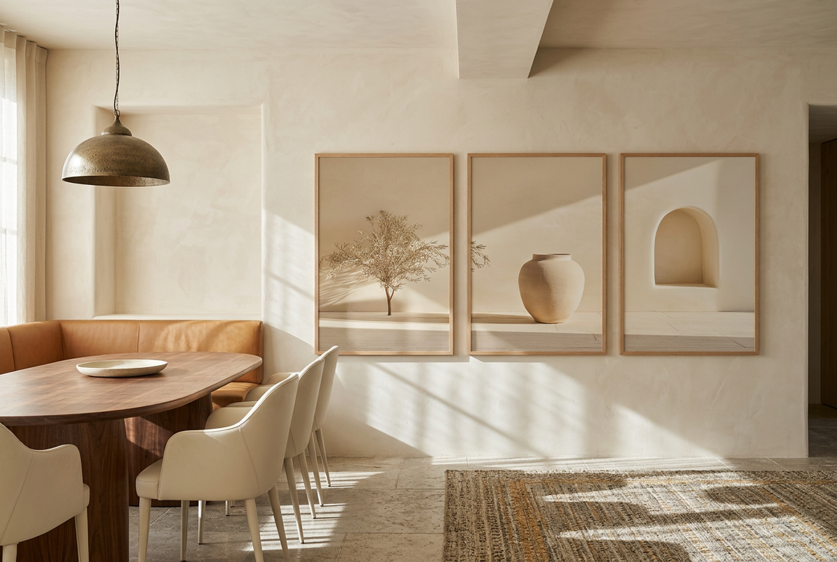 The Silent Courtyard — wall triptych in oak frames in a dining room